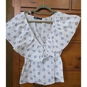 Zara Medium Eyelet Flower Wrap Shirt White Black Tie Front Summer Dress Top